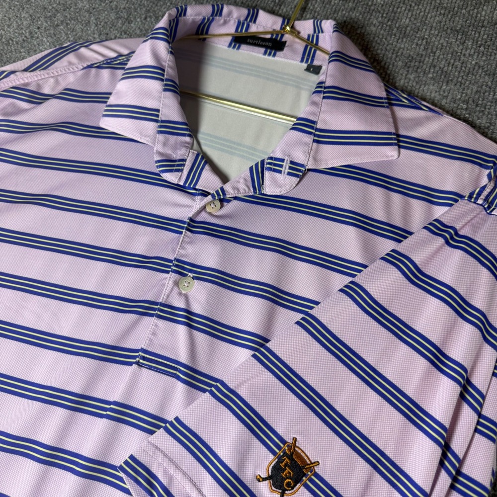 Mens Turtleson Pink Blue Stripe Golf Polo Shirt Long Sleeve TFC Emblem Size L